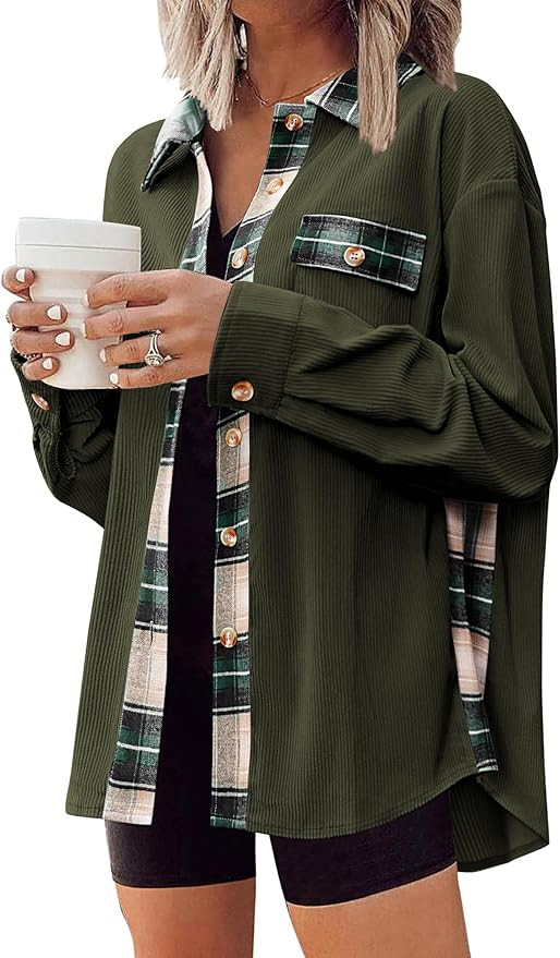 Zeagoo Womens Corduroy Flannel Shacket Jacket Casual Plaid Button Down Shirts Long Sleeve Fall To... | Amazon (US)