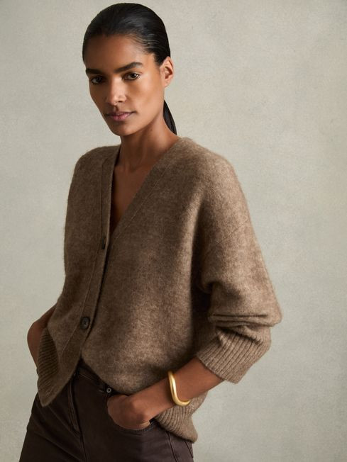 Alpaca Wool-Blend Brushed Cardigan in Mink | Reiss US