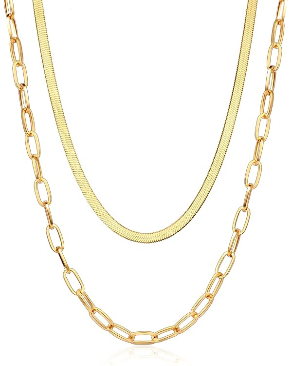 18K Gold Plated Layered Necklaces for Women, Dainty Paperclip Chain, Herringbone Necklace, Cuban ... | Amazon (US)