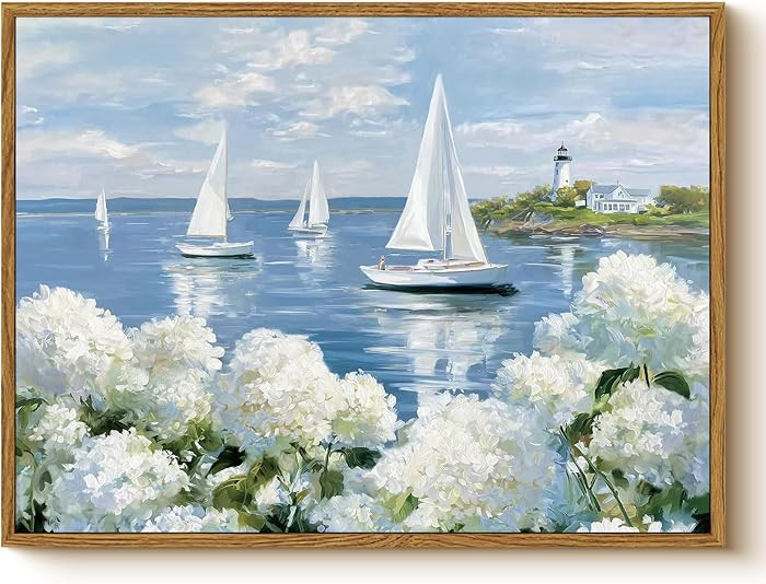 WHASAYART Framed Coastal Landscape Wall Art, Blue Ocean and White Hydrangea Flower Lighthouse Sai... | Amazon (US)