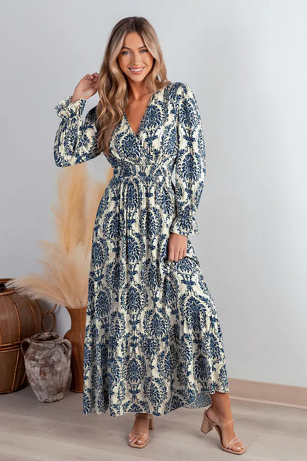 Blue Damask Blouson Sleeve Ruffle Cuff Maxi Dress | Cupshe US