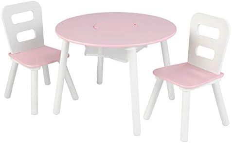 KidKraft 26165 Wooden Round Table & 2 Chair Set with Center Mesh Storage - Pink & White, 26" x 27... | Amazon (US)