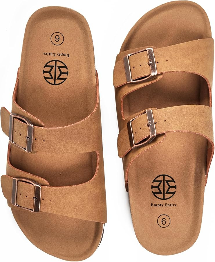 Women's Faux Leather Flat Sandals with Cork Footbed and Arch Support, Adjustable Strap, Soft Cush... | Amazon (US)