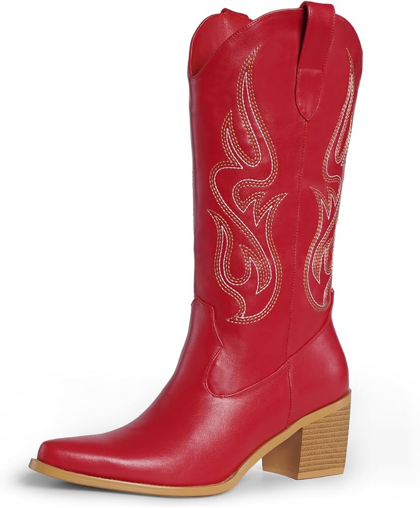 Pasuot Cowboy Boots for Women - Cowgirl Western Mid Calf Boots with Embroidery, Pointed Toe Retro... | Amazon (US)