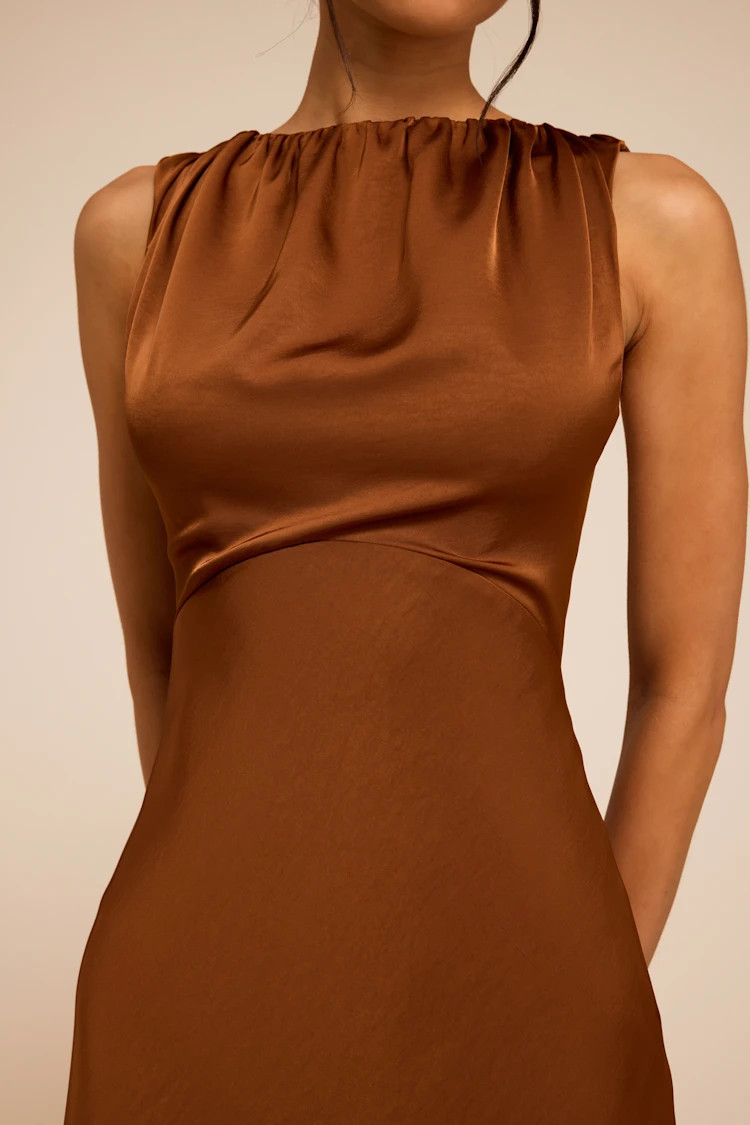 Perla Brown Satin Boat Neck Maxi Dress | Lulus