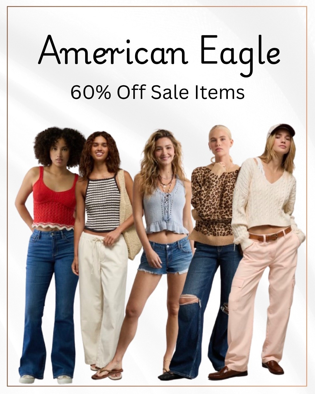 American Eagle - 60% Off Clearance Items

Ltkmidsize / ltkplussize / ae / American Eagle / aerie / American Eagle sale / sale / sale alert / clearance / clearance sale / jeans / denim / American Eagle jeans / American Eagle denim / sweaters / knitwear / tank top / tank tops / spring fashion / spring fashion 2026 / summer fashion / summer fashion 2026 / lightweight sweater 

#LTKootd #LTKSaleAlert #LTKSeasonal