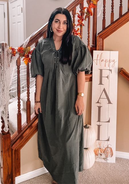 Oversized flowy fall dress. Cute dress for pumpkin patch, family photos, casual date night. Olive tied dress with puffy sleeves. Cute fall fashion Inspo 

#LTKSeasonal #LTKfindsunder100 #LTKHoliday