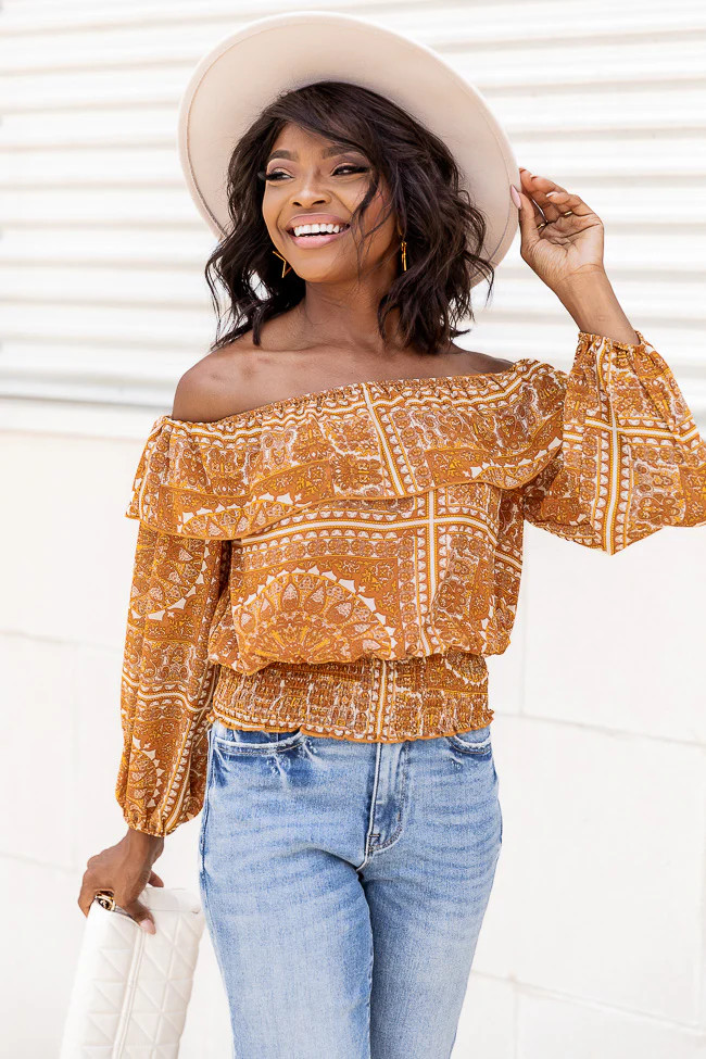 Unfamiliar Love Mustard Printed Off The Shoulder Blouse | Pink Lily