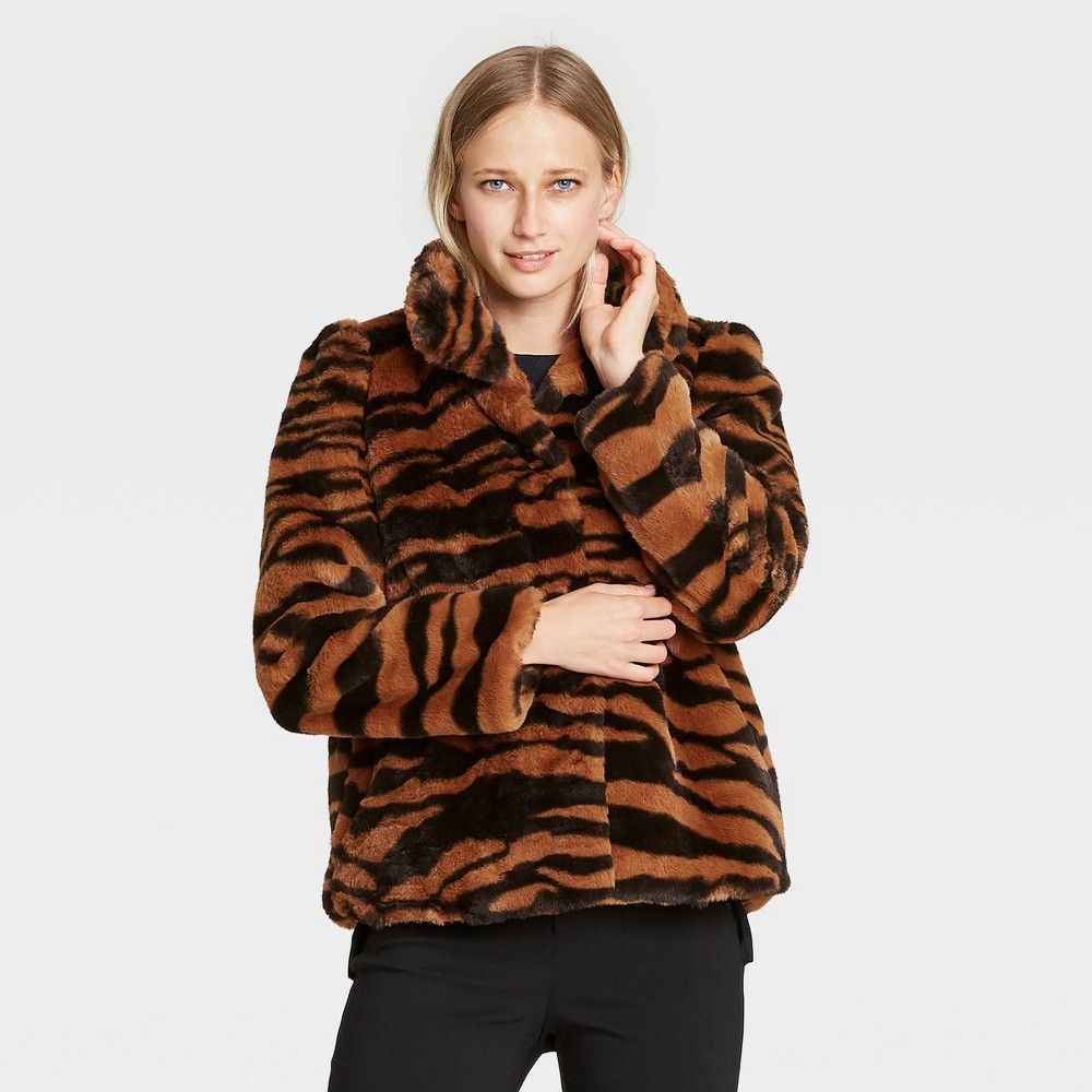 Women's Zebra Print Puff Shoulder Faux Fur Jacket - Who What Wear Brown M | Target