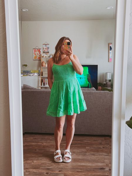 Summer dress
Mini dress green
Smocked 
Chunky buckle sandals white
Target finds
Midsize style


#LTKstyletip #LTKunder50