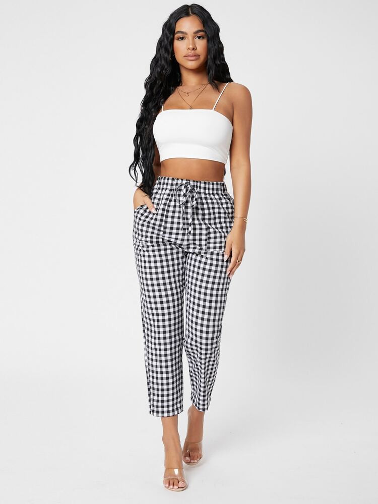 SHEIN PETITE Knot Waist Gingham Pants | SHEIN