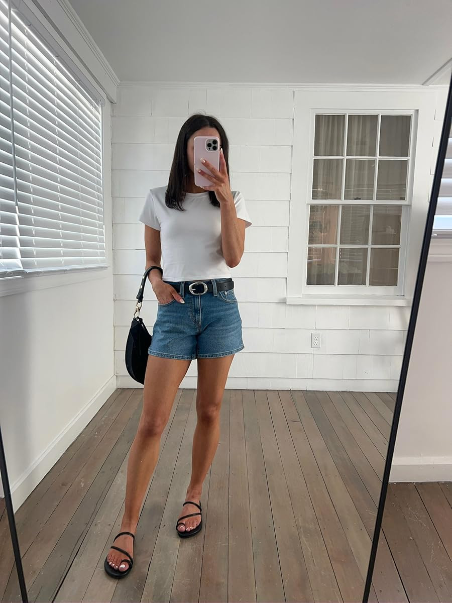 Casual summer outfit - jeans in S, top in S, sandals true to size, shorts wearing 24 

denim shorts outfit / jean shorts outfit / how to style denim shorts for summer / summer sandals 

 #LTKPetite #LTKFindsUnder50 #LTKStyleTip