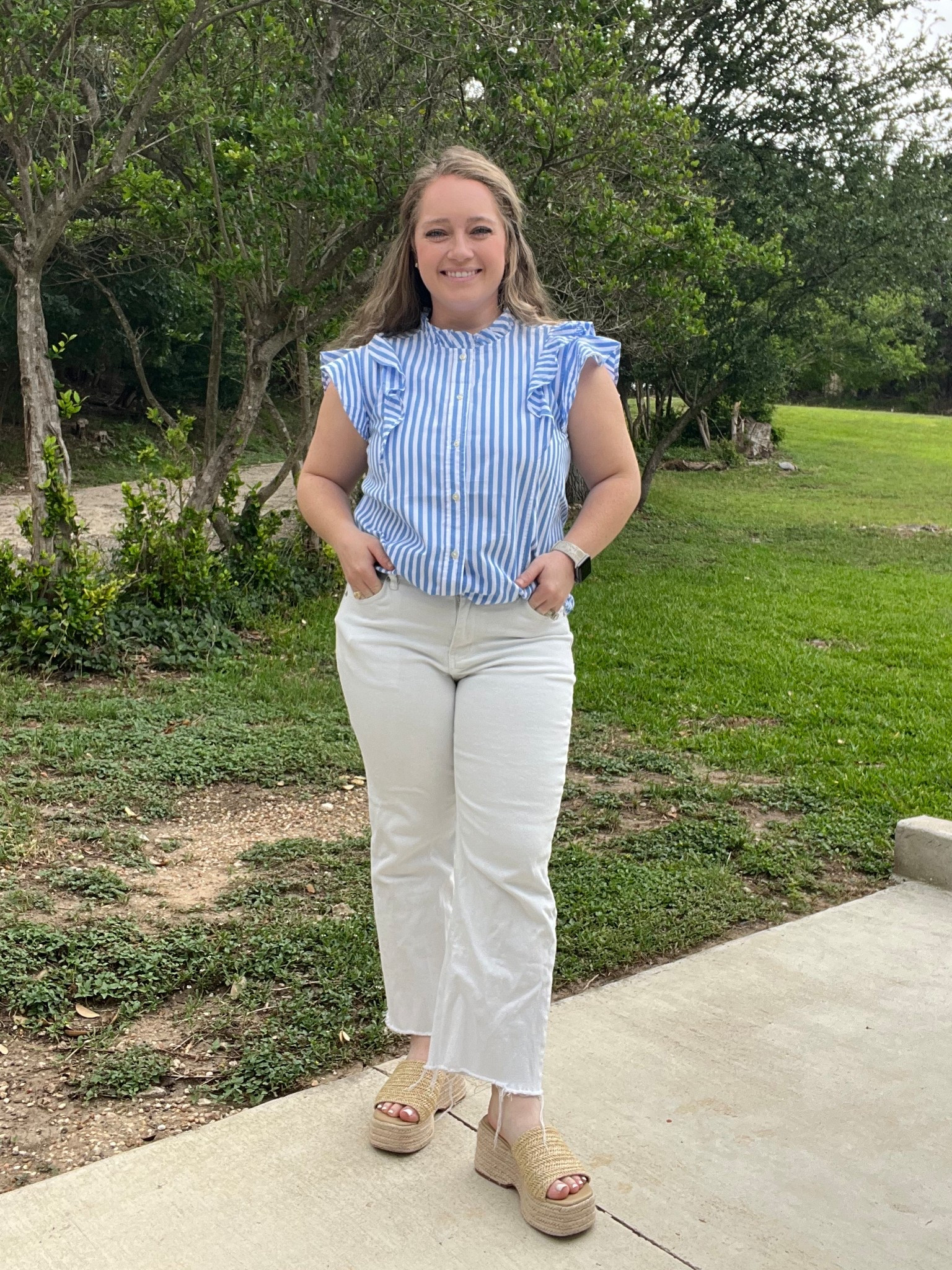 Wearing a medium in the top. 
Jeans are very comfy. I actually cut mine shorter since they were too long. They’re a great fit though! 
Shoes I can wear all day  