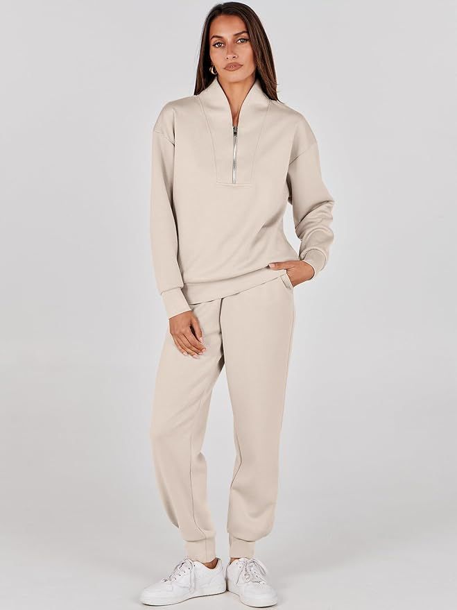 ANRABESS Womens 2 Piece Outfits Sweatsuit Half Zip Long Sleeve Cropped Sweatshirt Jogger Sweatpan... | Amazon (US)