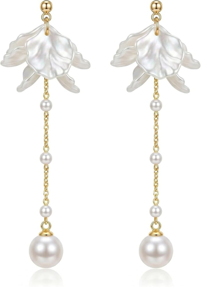 Flower Dangle Earrings for Women,White Petals Long Drop Pearl Dangling Earring,Great Gift for Wed... | Amazon (US)