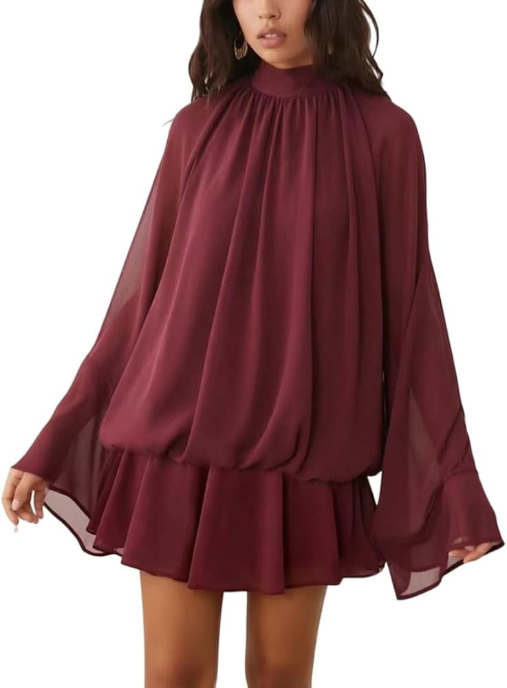 Women\u2019s Abstract Zebra Print High Neck Batwing Sleeve Ruffled Hem Mini Dres | Amazon (US)