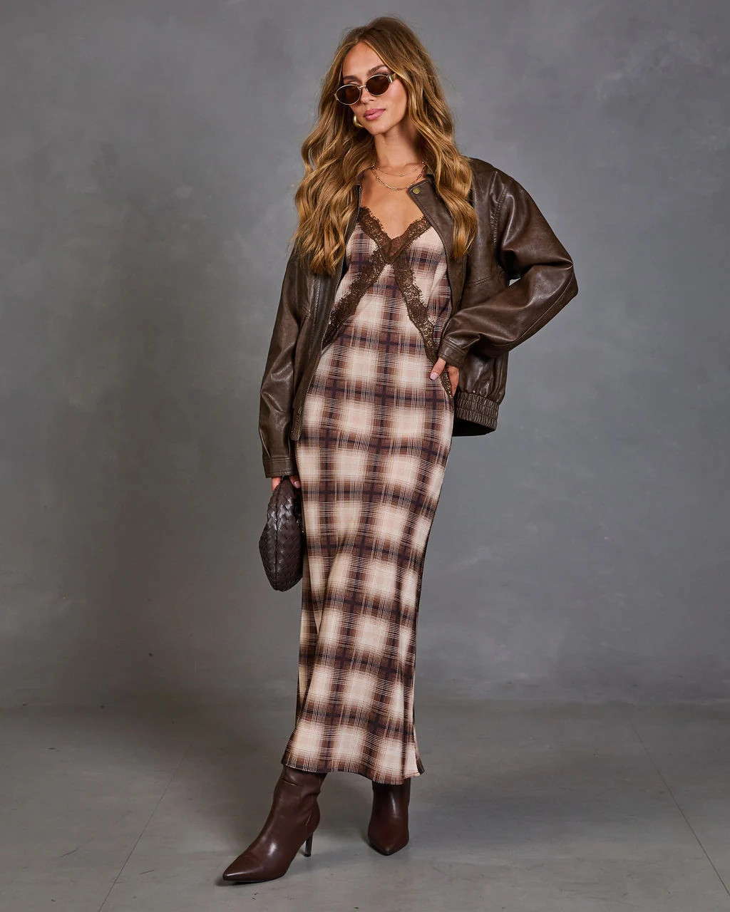 Laurent Plaid Lace Trim Slip Maxi Dress Brown Plaid / XS | VICI