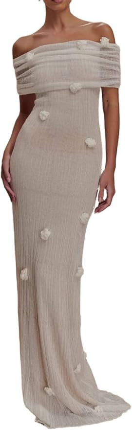 Women Sexy Off Shoulder Crochet Maxi Dress Elegant Long Sleeve Ruched Bodycon Knit Mesh Sheer Bea... | Amazon (US)