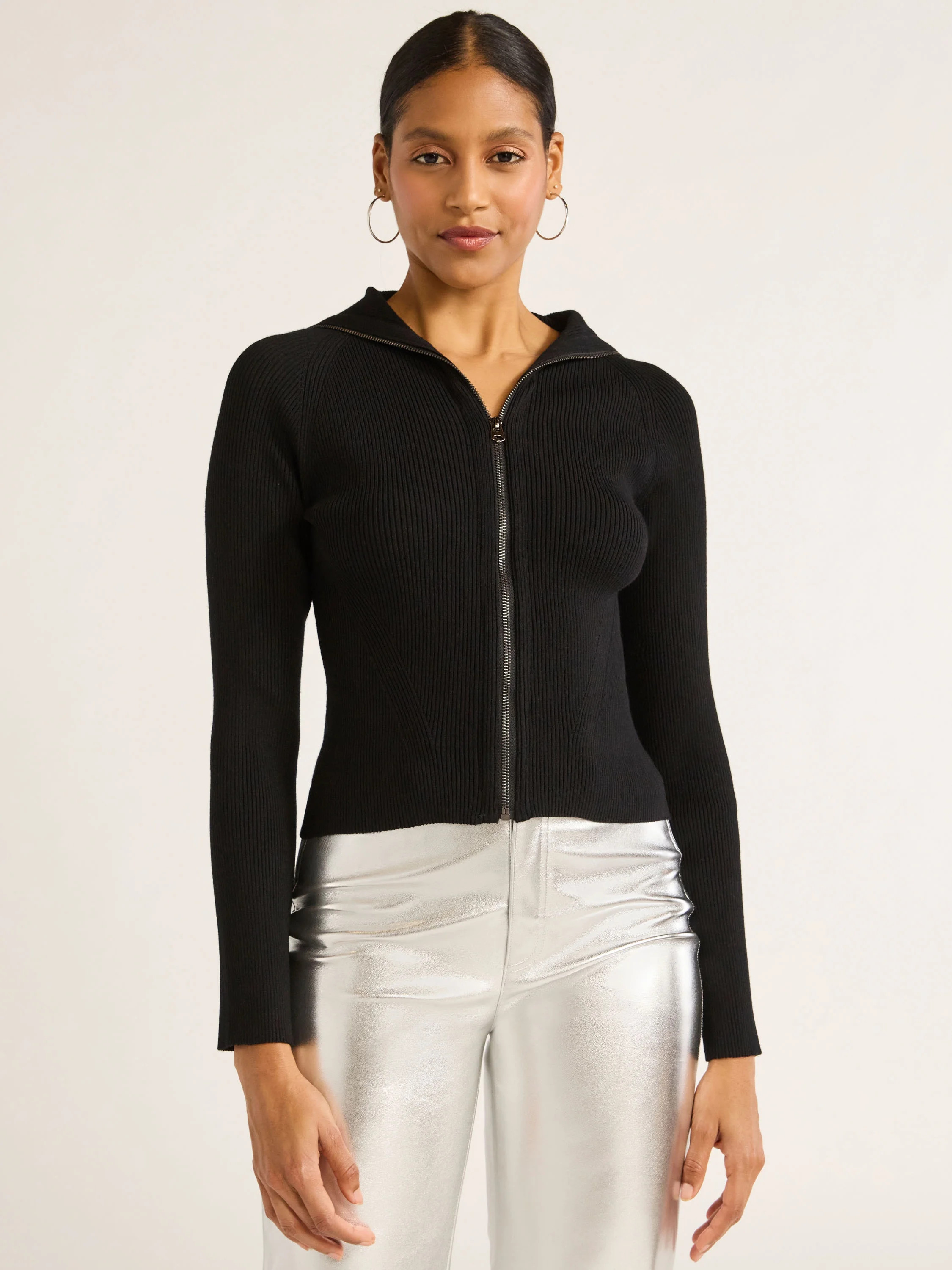 Scoop Women's Ribbed Zip Front Cardigan Sweater, Lightweight, Sizes XS-XXL | Walmart (US)