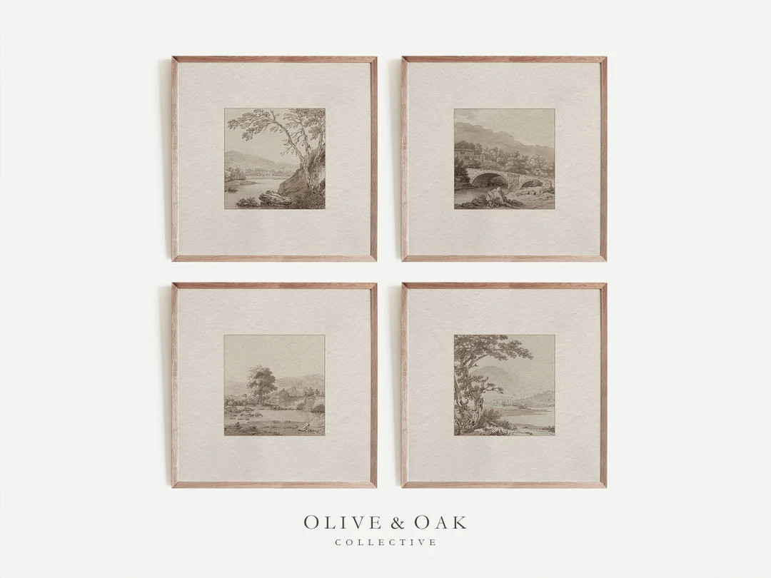 Neutral Gallery Wall Set of 4 / Four Neutral Landscape Sketch Prints / Square Wall Art / PRINTABL... | Etsy (US)