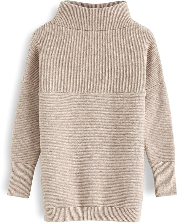 CHICWISH Women's Linen/White/Grey Cozy Ribbed Long Sleeve Turtleneck Knit Top Pullover Sweater | Amazon (US)