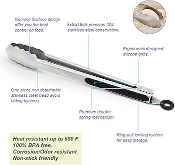 304 Stainless Steel Kitchen Cooking Tongs, 9" and 12" Set of 2 Sturdy Grilling Barbeque Brushed L... | Amazon (US)