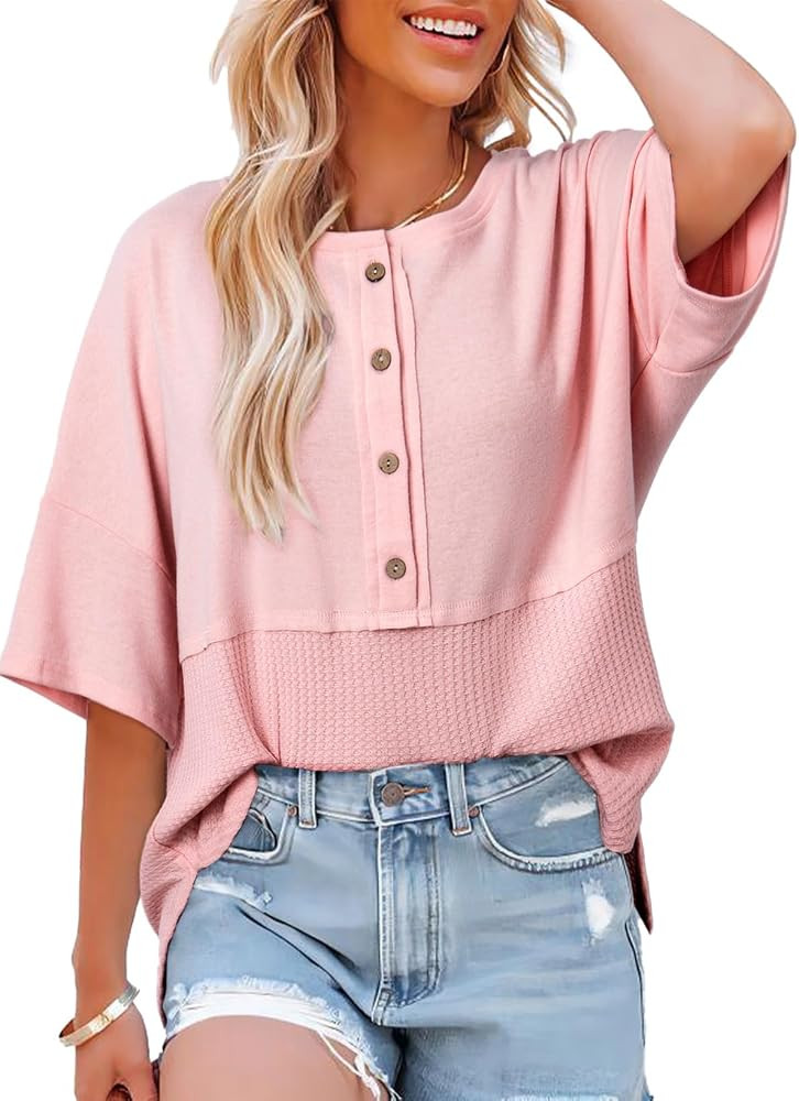 Dokotoo Womens Waffle Knit Tops 2026 Fashion 3/4 Sleeve Casual Button Down Shirts Crew Neck Overs... | Amazon (US)