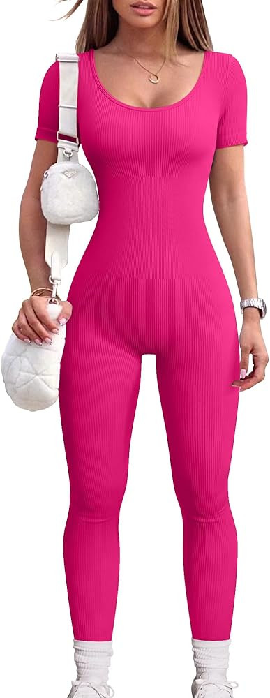 OQQ Women‘s Yoga Jumpsuits Ribbed One Piece Workout Short Sleeve Tops Exercise Jumpsuits | Amazon (US)