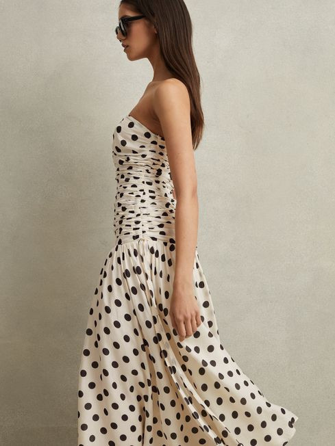 Reiss White/Black Rue Viscose Linen Polka Dot Ruched Maxi Dress | Reiss US