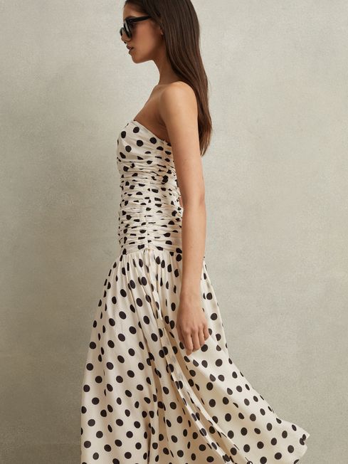 Viscose Linen Polka Dot Ruched Maxi Dress | Reiss US
