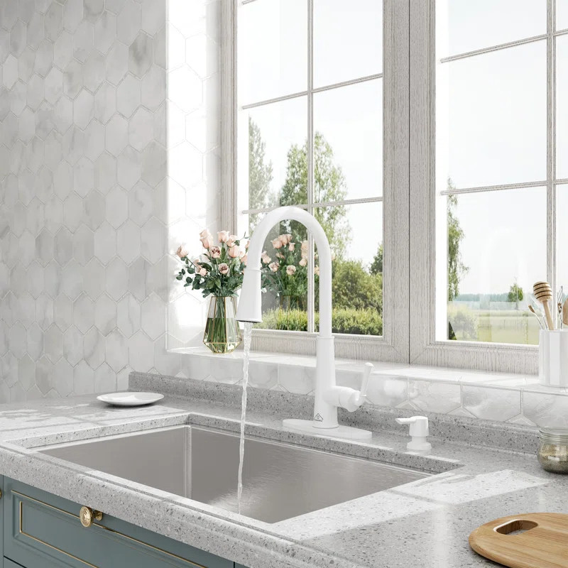 Willow Pull Down Sprayer Kitchen Faucet with Touchless Sensor, LED, Soap Dispenser and Deck Plate... | Wayfair North America