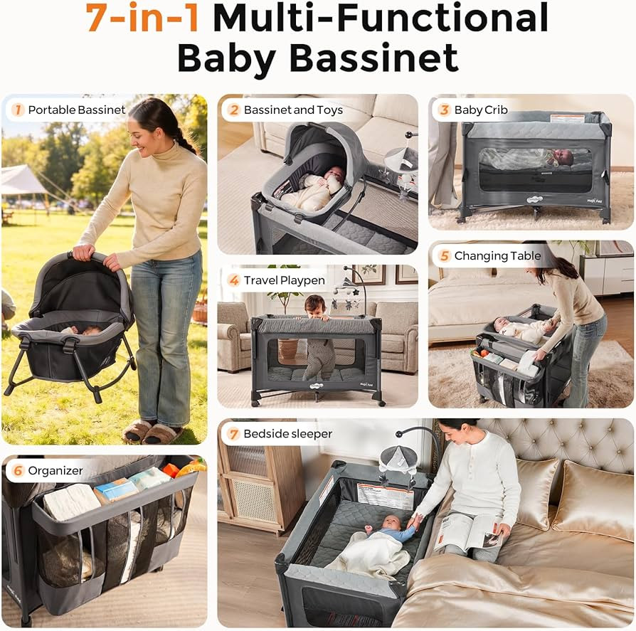 Pamo Babe Pack and Play with Bassinet - 7 in 1 One-Step Setup Bedside Crib, Portable Playpen, Tra... | Amazon (US)