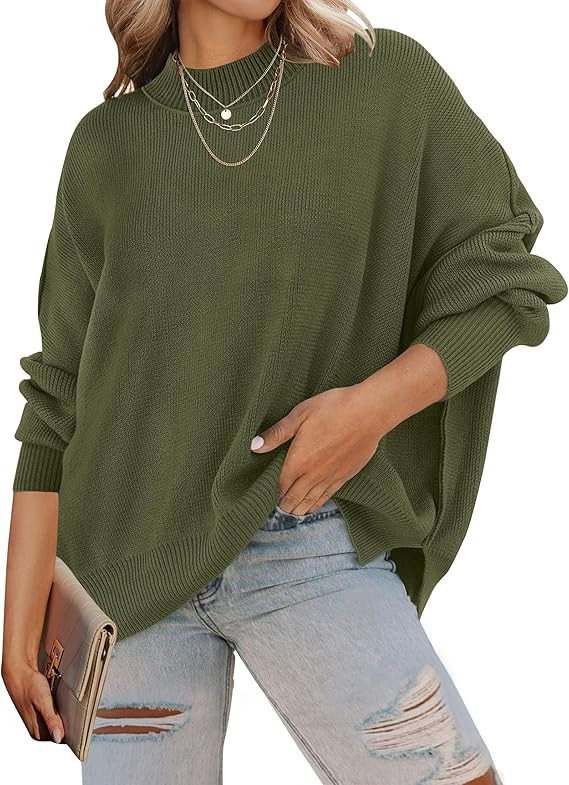 ZESICA Women's 2023 Fall Casual Long Sleeve Crew Neck Side Slit Oversized Ribbed Knit Pullover Sw... | Amazon (US)