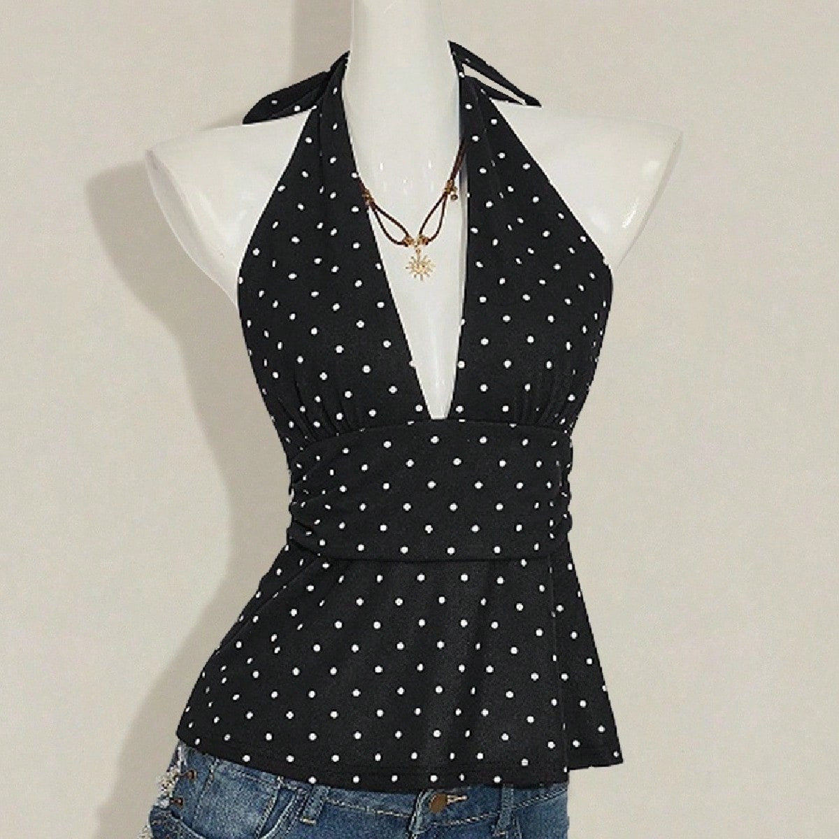 SHEIN ICON Women Casual Minimalist Halter Deep V-Neck Polka Dot Top Wrap Back Top | SHEIN