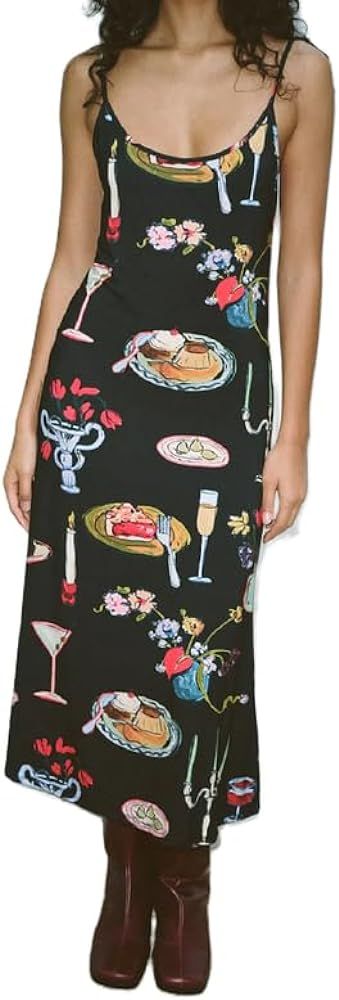Women's Vintage Print Slip Dress Y2k Spaghetti Strap Bodycon Maxi Dress Summer Cute Flowy Swing L... | Amazon (US)