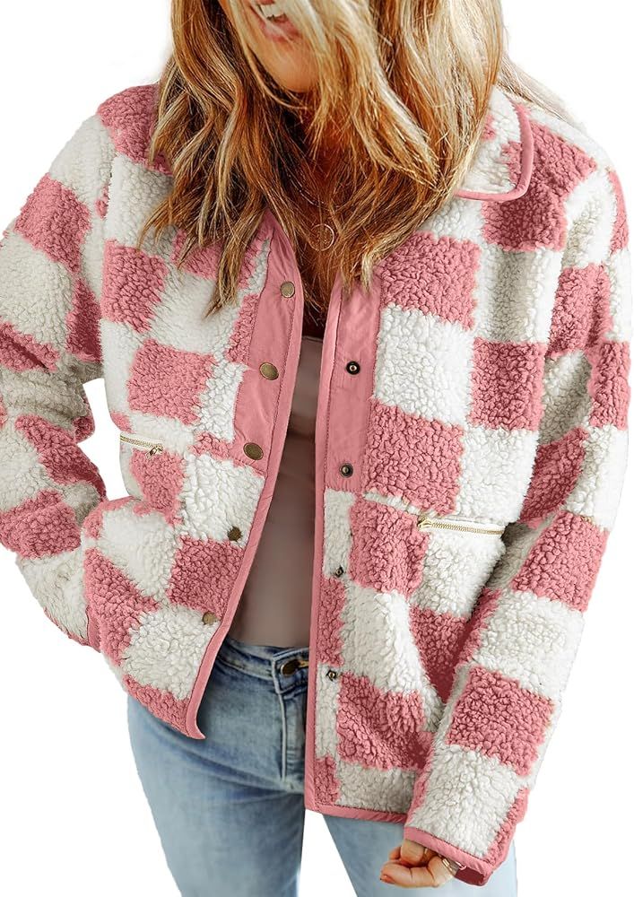 SHEWIN Jackets For Women Causal Long Sleeve Fleece Jacket Loose Lapel Button Down Plaid Sherpa Co... | Amazon (US)