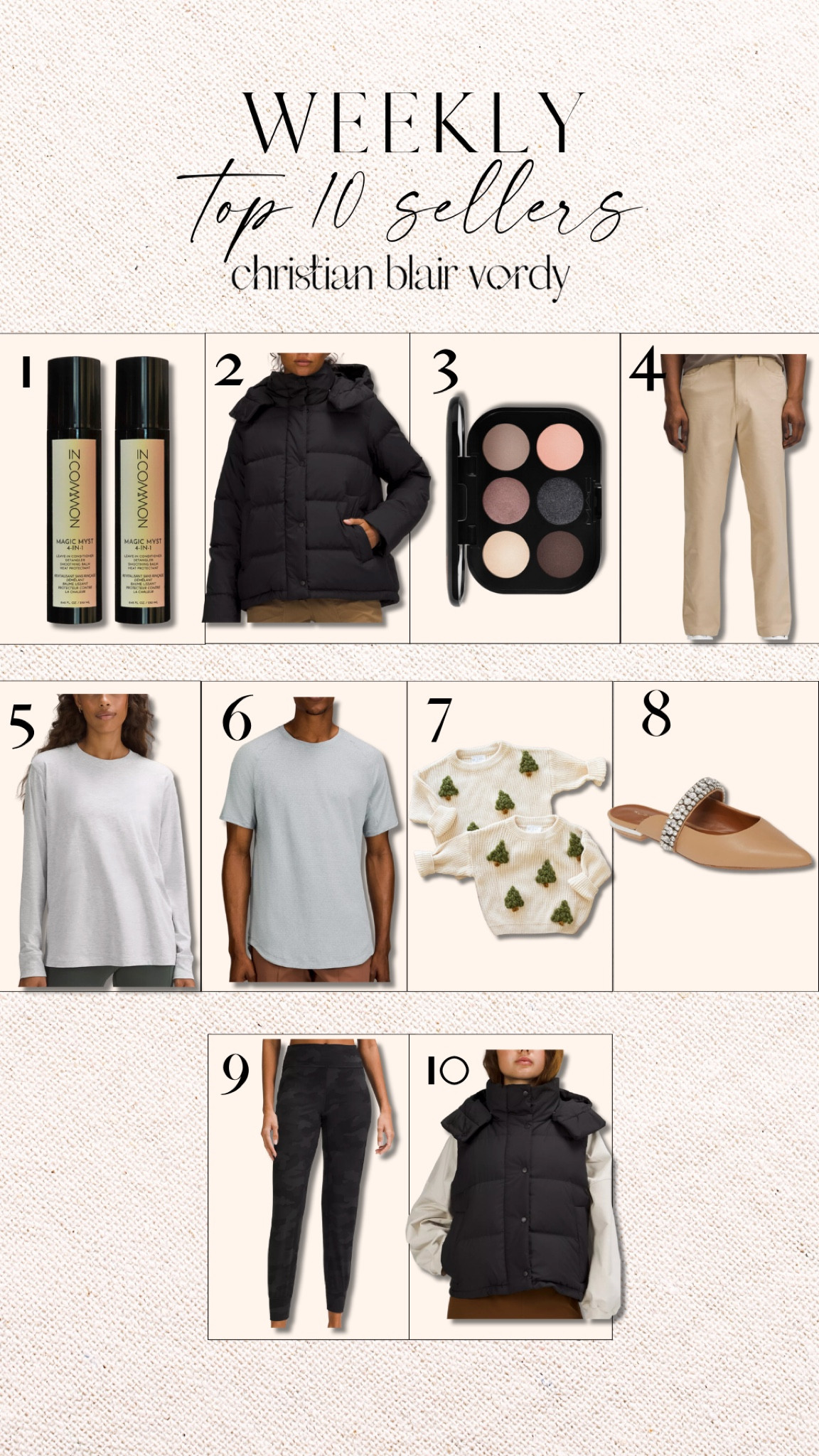 Weekly Top Ten; Favorites 

#christianblairvordy 

#topten #topsellers #bestsellers #weekly #lululemon #makeup #flats #jacket

#LTKstyletip #LTKsalealert #LTKfindsunder100