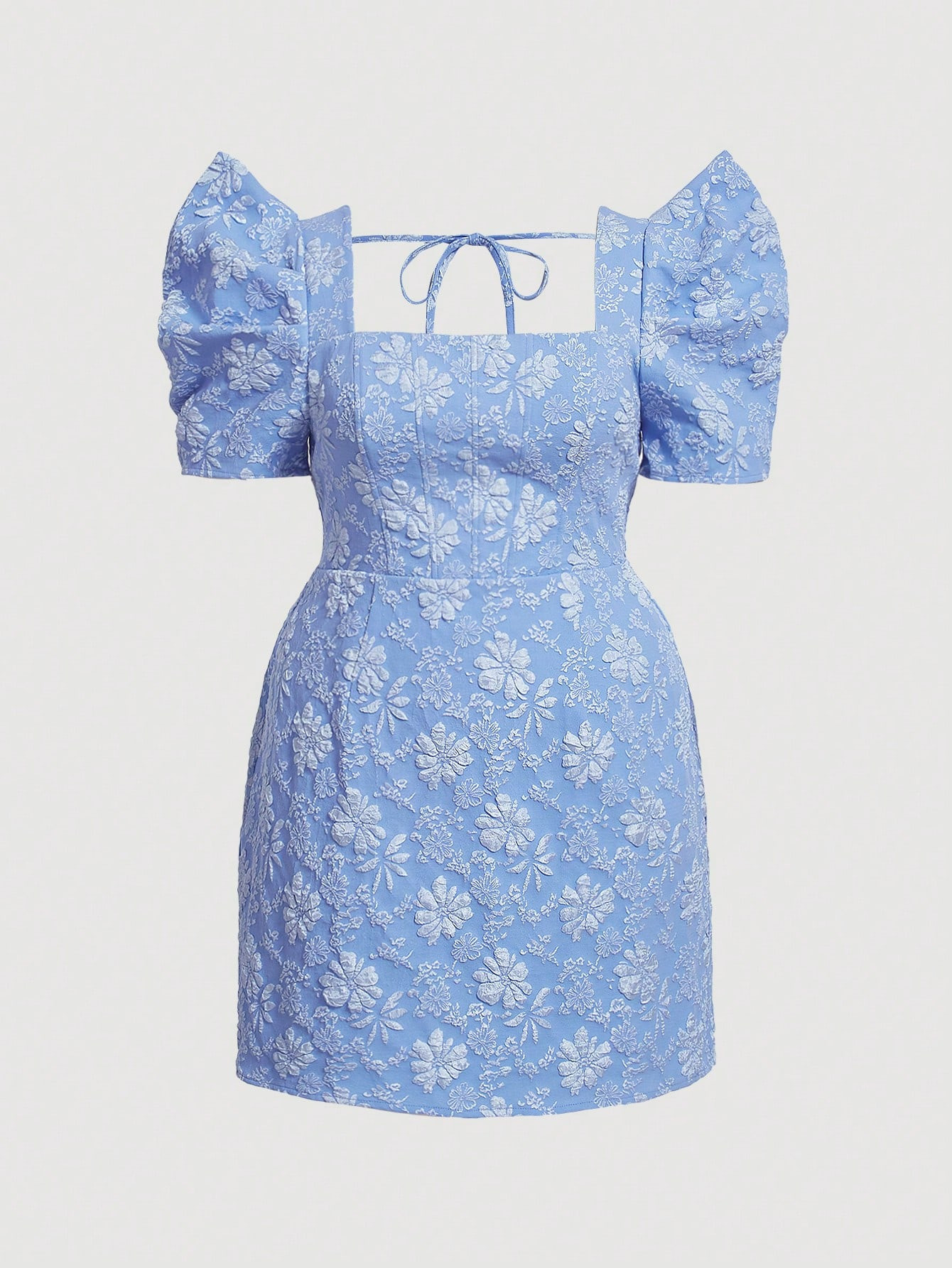 SHEIN MOD Plus Floral Jacquard Square Neck Puff Sleeve Tie Back Dress | SHEIN