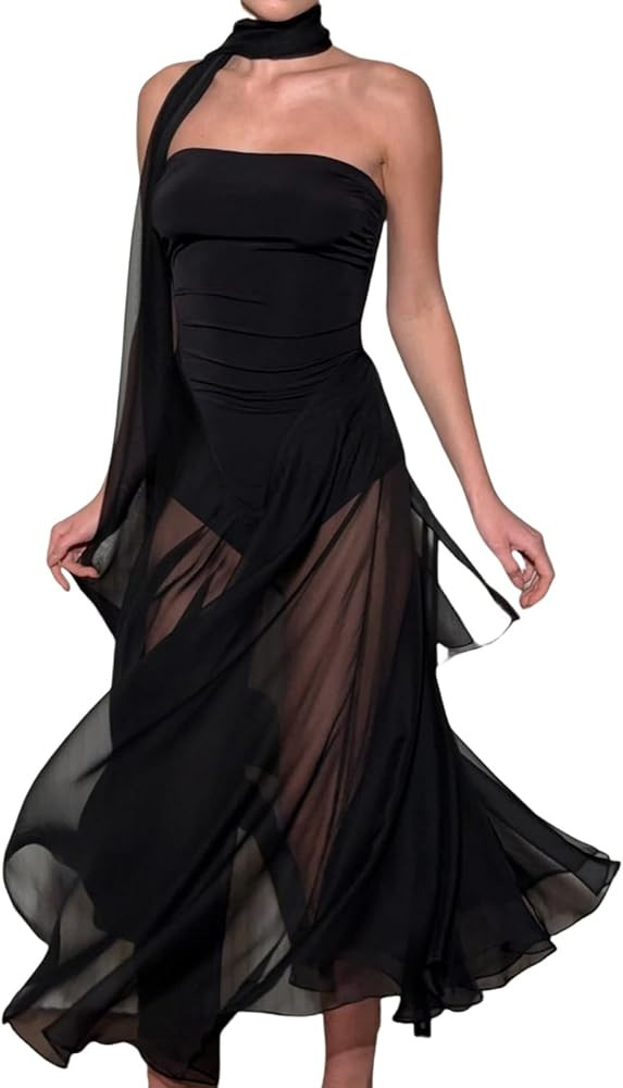 Womens Sexy Party Club Dress Strapless Tube Top Bodysuits and Sheer Mesh Ruched Hem Flowy Midi Dr... | Amazon (US)