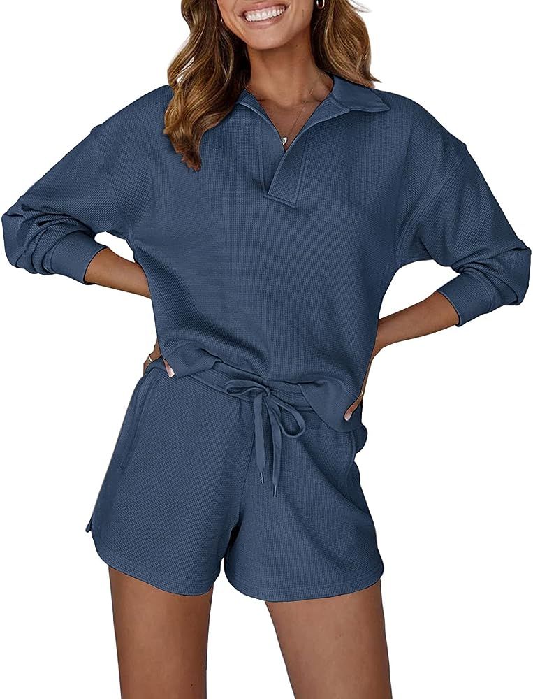 MEROKEETY Women's 2 Piece Waffle Knit Lounge Sets Long Sleeve Shorts Outfits Pjs with Pockets | Amazon (US)