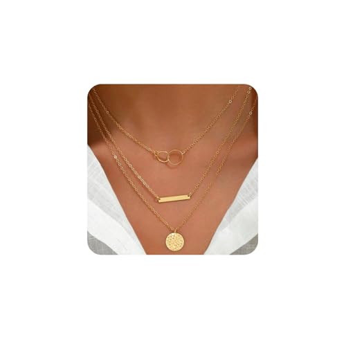 Modernplus Layered Gold Necklaces for Women, 3 Layer Necklace Double Circle Coin Pendant Chain Necklace Dainty Layering Choker Necklaces | Amazon (US)