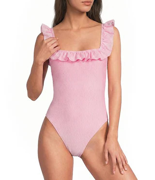 Aemma Seersucker Stripe Ruffle One Piece Swimsuit | Dillard's