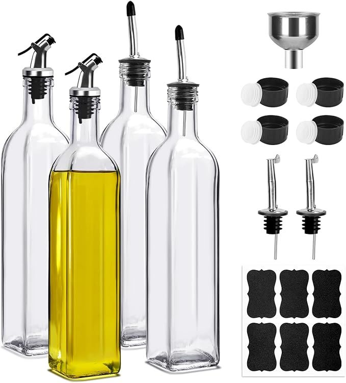 BAKHUK 4 Pack 17oz Glass Olive Oil Dispenser Bottles 500ml Clear Vinegar Cruet with Pourers and F... | Amazon (US)