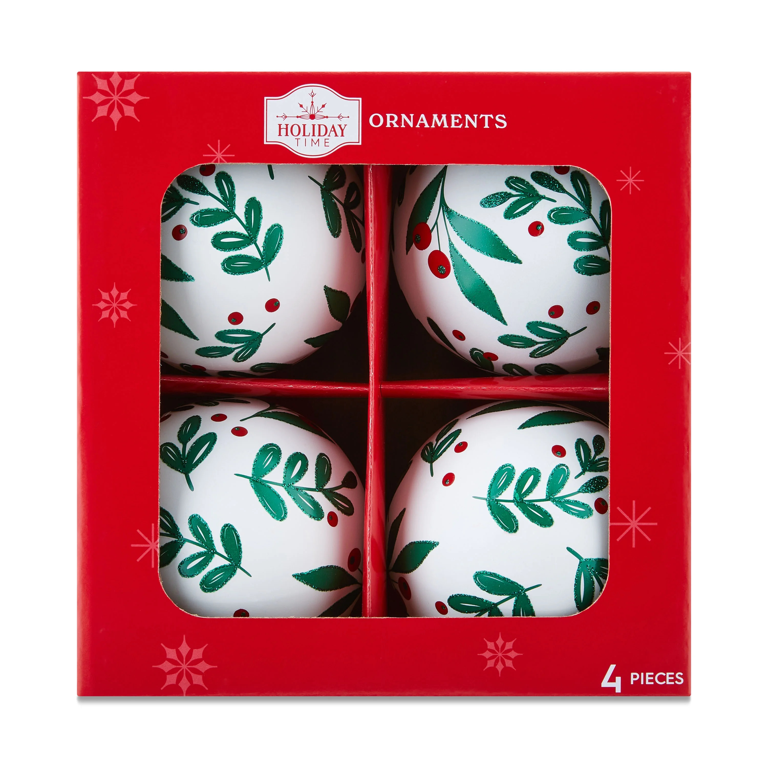 4 Count Holly Leaves Christmas Ornaments, White/Green/Red, 4 in, by Holiday Time | Walmart (US)