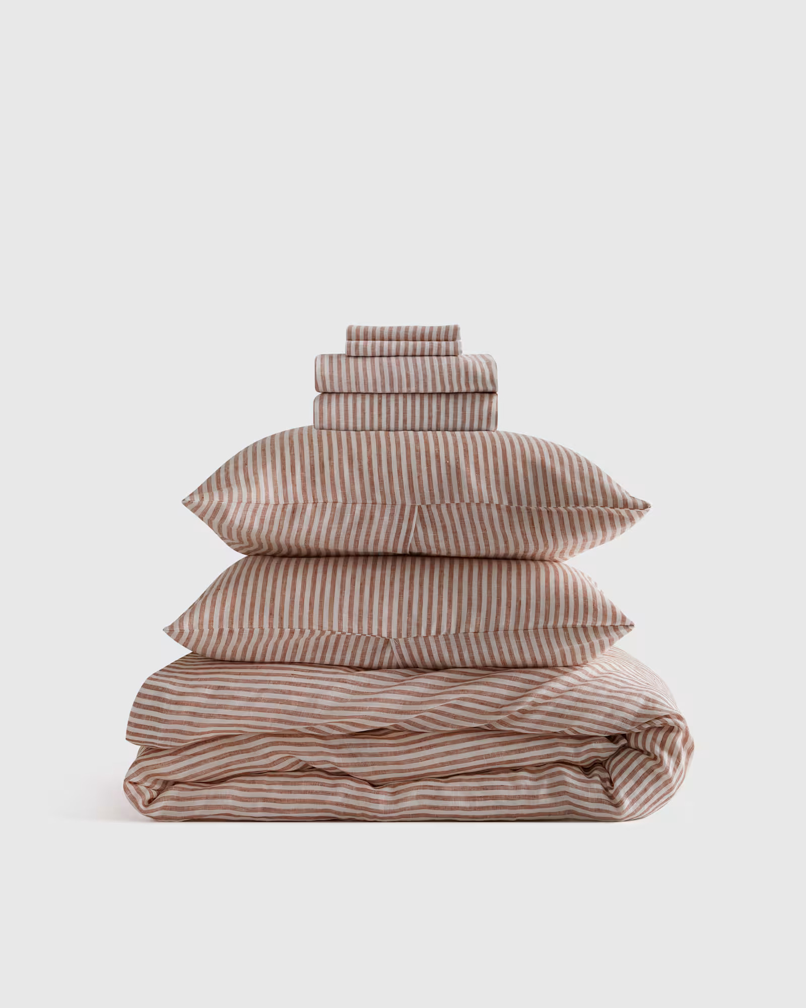 European Linen Stripe Deluxe Bedding Bundle in Terracotta/white Stripe | Quince