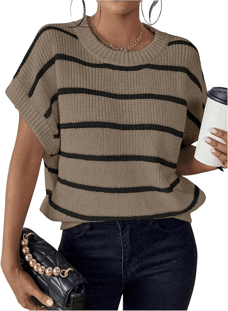 GORGLITTER Women's Striped Sweater Vest Short Cap Sleeve Crew Neck Fall Trendy 2025 Knit Vest Top | Amazon (US)