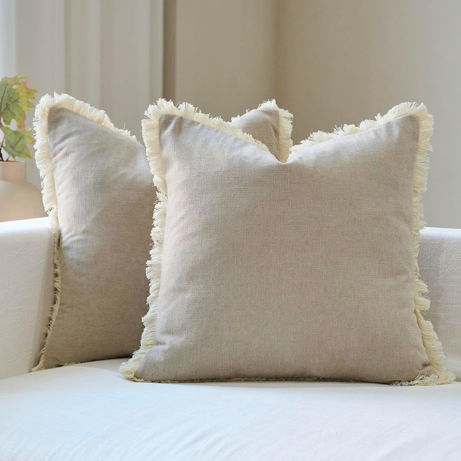 Amor Virisso Fringe Throw Pillow Covers 20x20 Set of 2 Boho Neutral Farmhouse Decorative Pillow C... | Amazon (US)