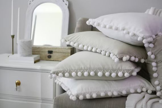 Pom Pom Pillow Cover, White Pom Pom Pillow, pillow cover, pom pom pillow, white pillow, farmhouse... | Etsy (US)