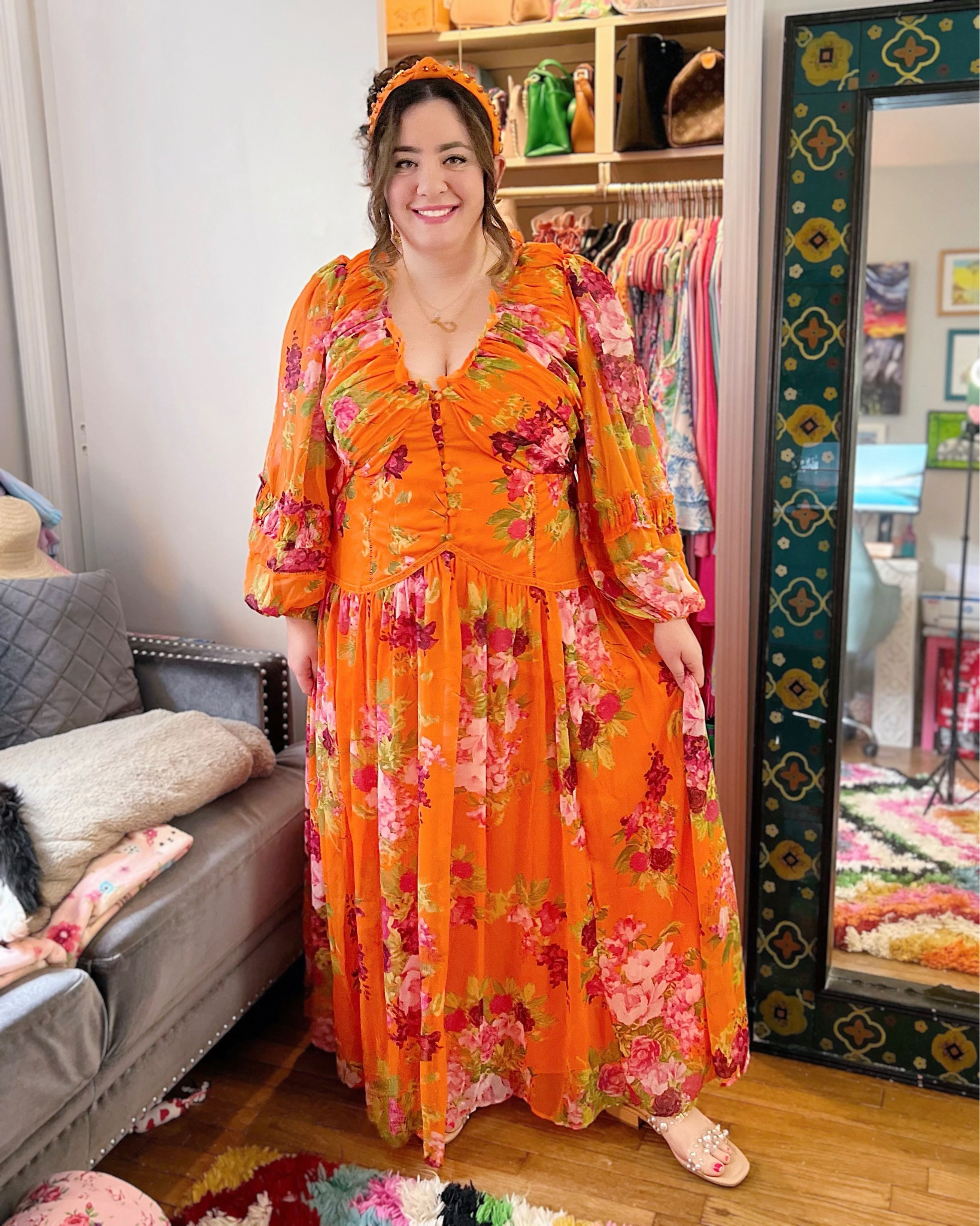 Wedding guest dress in both straight and plus sizes and well under $100! occasion dress, event dress, size inclusive brand, plus size wedding guest dress, plus size dress, orange maxi dress, pink and orange dress, orange floral print dress, maxi dress with sleeves, pearl sandals 

#LTKunder100 #LTKmidsize #LTKwedding