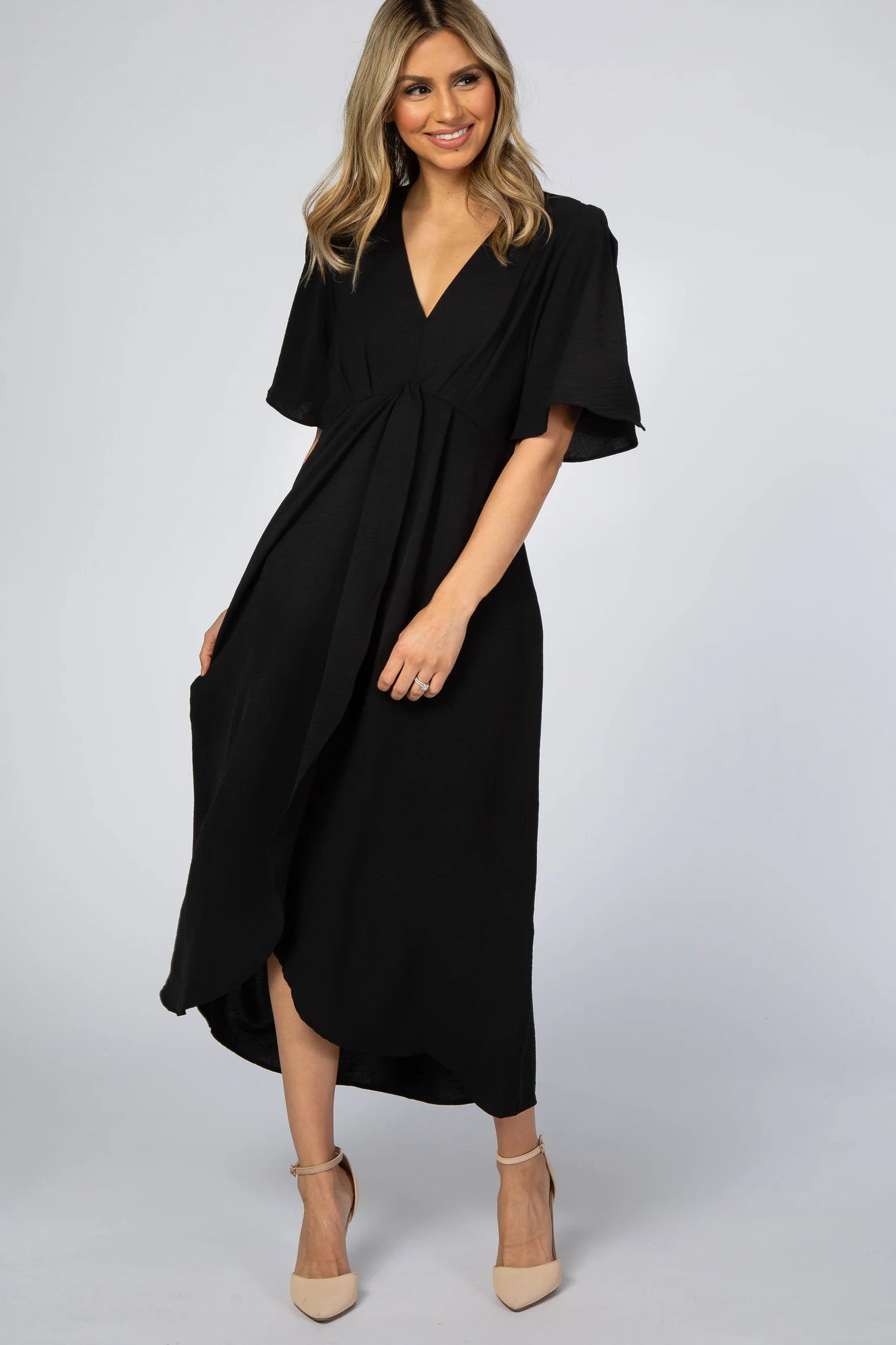 Black Open Sleeve Wrap Midi Dress | PinkBlush Maternity